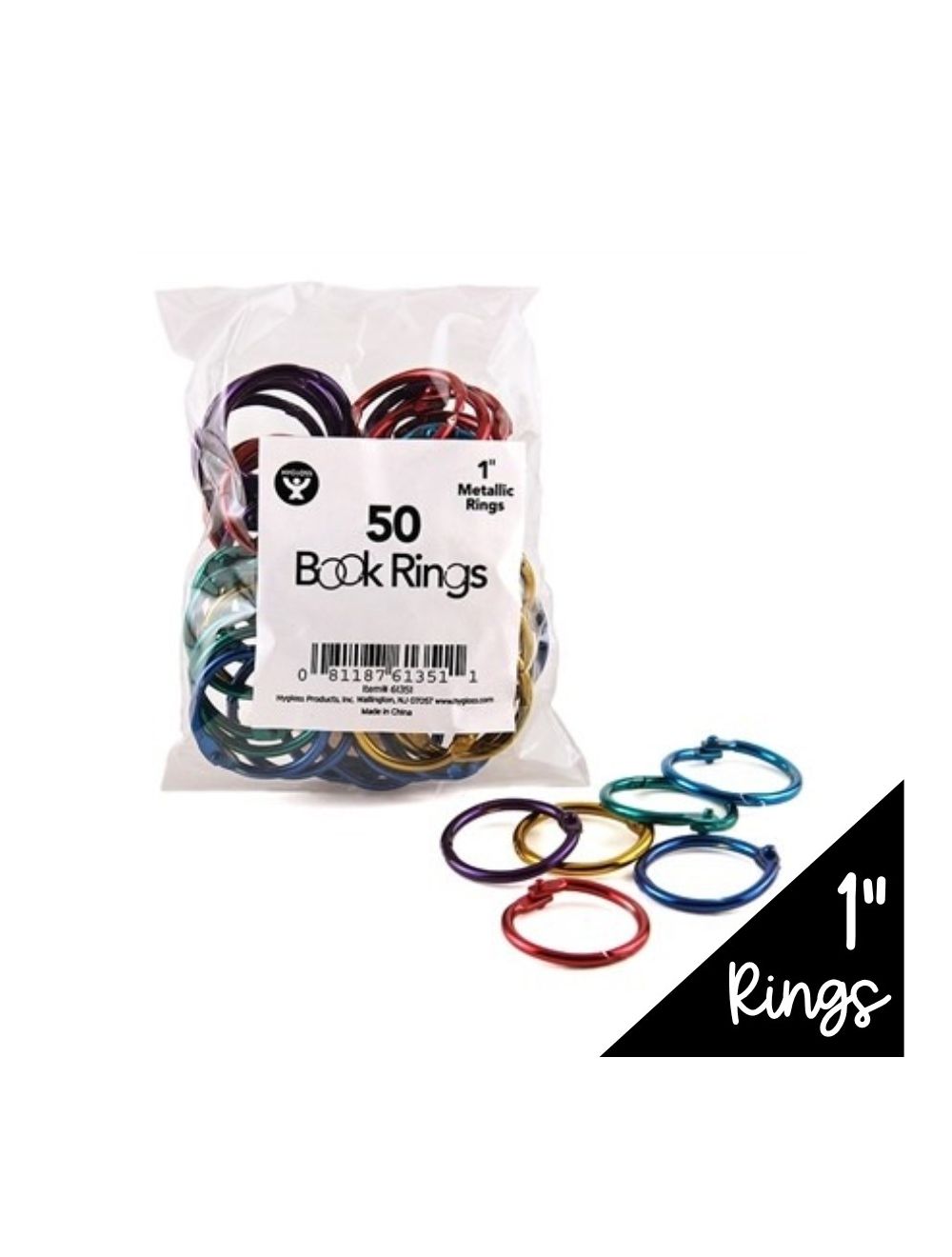 1" Assorted Colors Book Rings50 Count